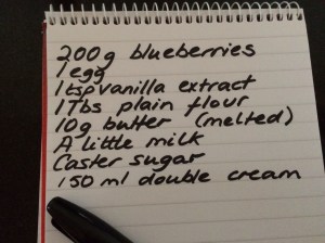 Shopping list for blueberry clafoutis